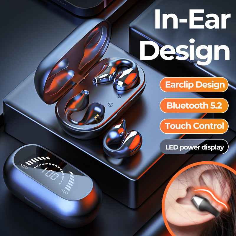 Bluetooth 5.2 Bone Conduction Ear Clip Headphones | HIFI Wireless Noise Cancelling Sports Headset with Mic