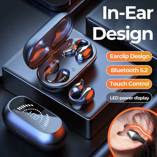 Bluetooth 5.2 Bone Conduction Ear Clip Headphones | HIFI Wireless Noise Cancelling Sports Headset with Mic